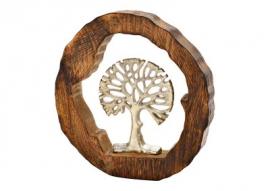 Dekorativt træ i metal i en cirkel af mangotræ (B/H/D) 22x22x4cm , hemmetshjarta.dk