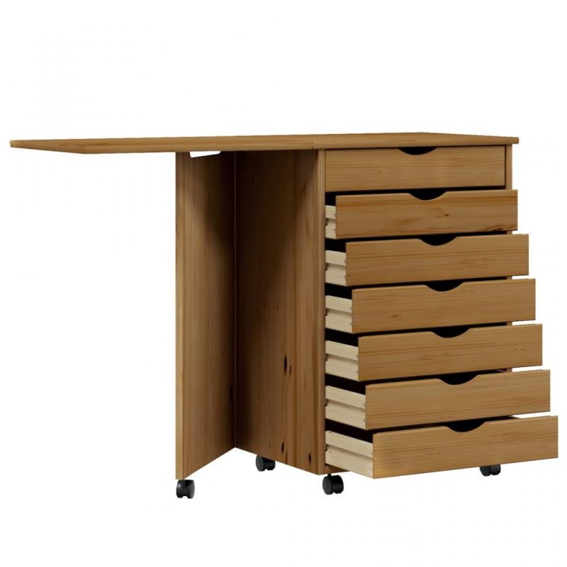 Skrivebord 105,5x39x74,5 cm p hjul med 7 skuffer honningbrunt massivt fyrretr , hemmetshjarta.dk