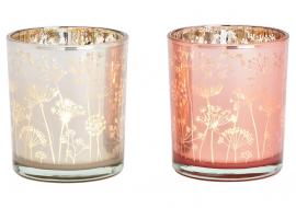 Fyrfadsstage blomsterdekor glas pink creme 2-pack (B/H/D) 9x10x9cm , hemmetshjarta.dk