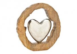 Dekorativt hjerte i mangotræ cirkelmetal sølv (B/H/D) 28x29x5cm , hemmetshjarta.dk