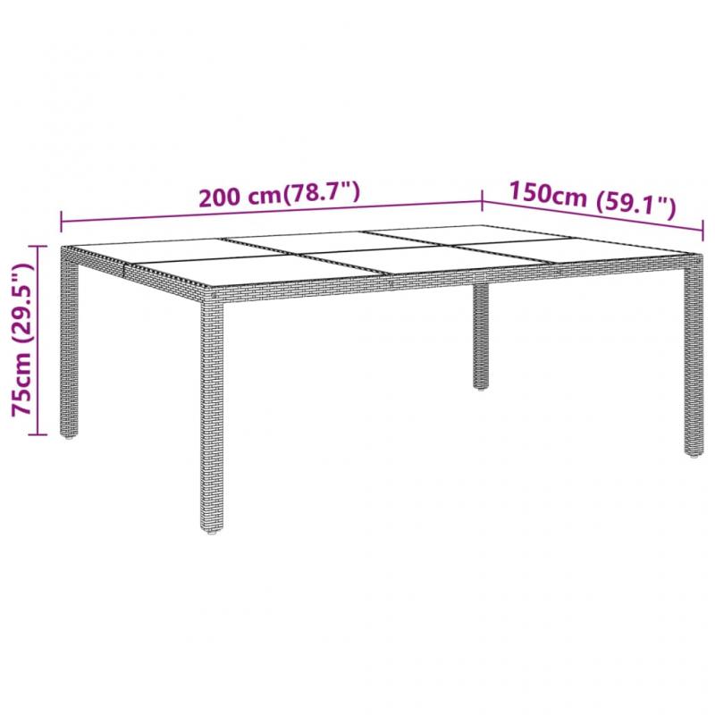 Spisebord til have 200x150x75 cm med glasplade brun rattan , hemmetshjarta.dk