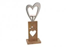 Lysestage Hjerte i metal på stativ af mangotræ sølv brun (B/H/D) 20x57x13cm , hemmetshjarta.dk
