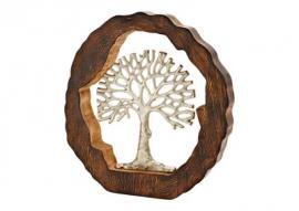 Dekorativt træ i metal i en cirkel af mangotræ (B/H/D) 34x34x6cm , hemmetshjarta.dk