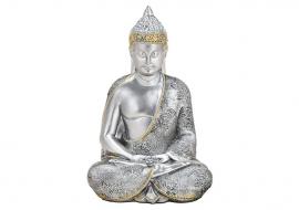 Dekoration Buddha sølv polyresin (B/H/D) 13x21x11cm , hemmetshjarta.dk