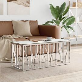 Sofabord rustfrit stål sølv og hærdet glas 110x45x45 cm , hemmetshjarta.dk