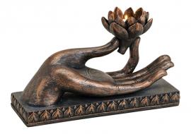 Dekoration Buddha hånd brun fyrfadsstage polyresin (B/H/D) 32x19x15cm , hemmetshjarta.dk