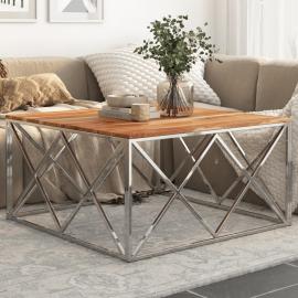 Sofabord rustfrit stål sølv og massivt akacietræ 100x100x50 cm , hemmetshjarta.dk