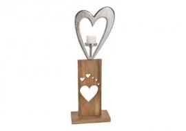Lysestage Hjerte i metal på stativ af mangotræ sølv brun (B/H/D) 25x73x13cm , hemmetshjarta.dk