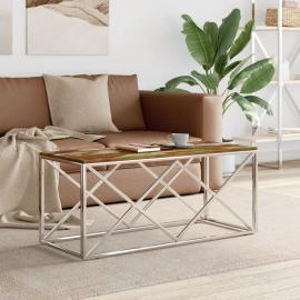 Sofabord rustfrit stål sølv og massivt genbrugstræ 110x45x45 cm , hemmetshjarta.dk