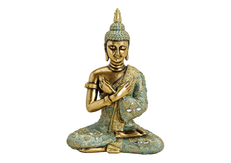 Dekoration Buddha guld siddende polyresin (B/H/D) 23x33x14cm , hemmetshjarta.dk