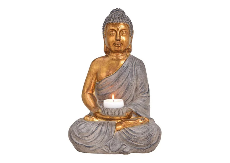 Dekoration Buddha guld fyrfadsstage polyresin (B/H/D) 28x41x22cm , hemmetshjarta.dk