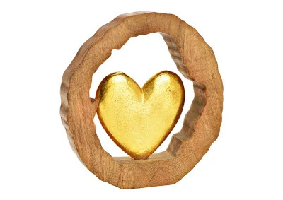 Dekorativt hjerte i mangotr cirkelmetal guld (B/H/D) 28x29x5cm , hemmetshjarta.dk