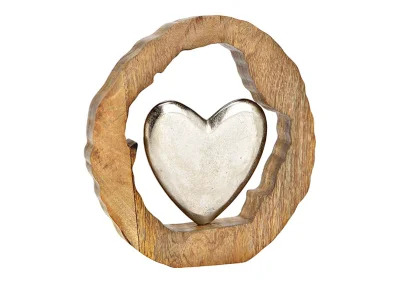 Dekorativt hjerte i mangotr cirkelmetal slv (B/H/D) 28x29x5cm , hemmetshjarta.dk